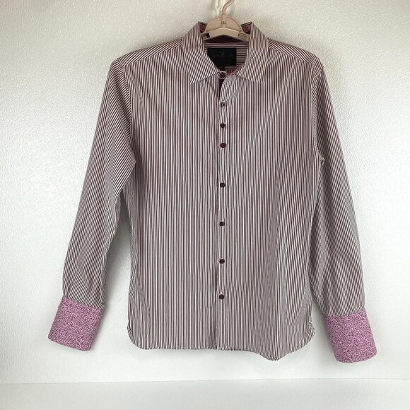 Marc Ecko Mens Med Striped Flip Cuff Paisley Maroon & White Button Up Shirt - Picture 1 of 15